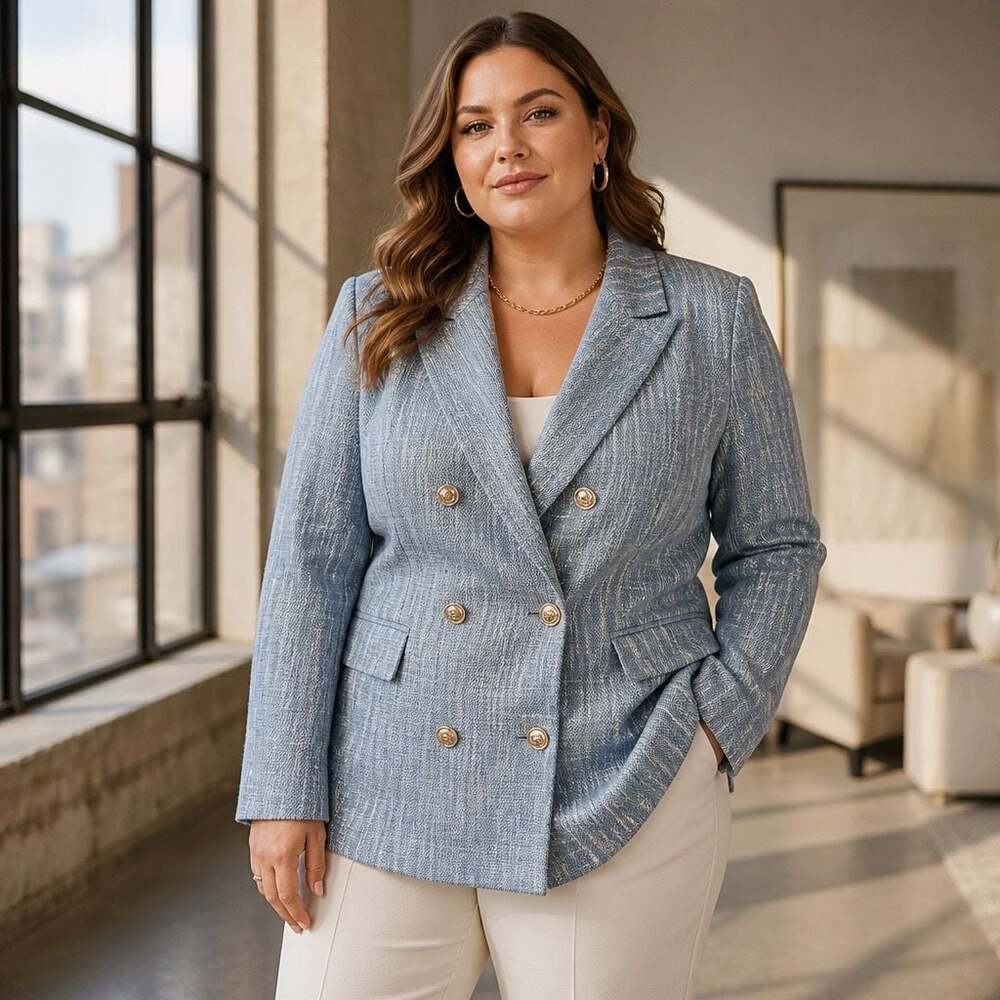 Cicy Bell Women's Double-Breasted Textured Tweed Blazer Jacket